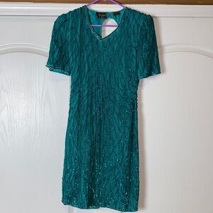 VINTAGE TEAL SEQUIN SPARKLY SHIFT COCKTAIL PARTY DRESS HOLIDAY NYE
